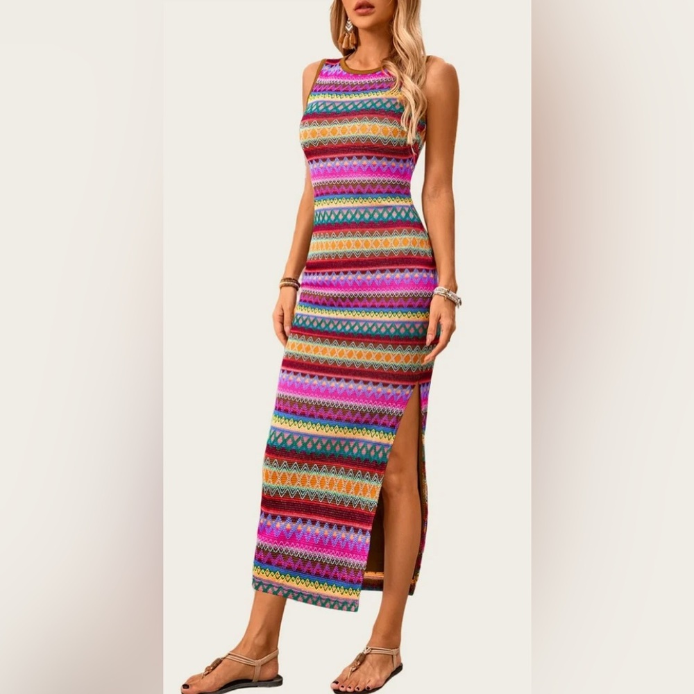PrettyGarden Sleeveless Tank Striped Side Slit Maxi Dress